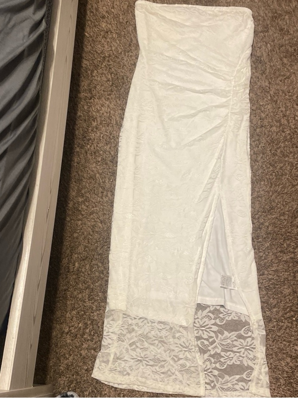 Strapless White Lace Maxi Dress with Side Slit
